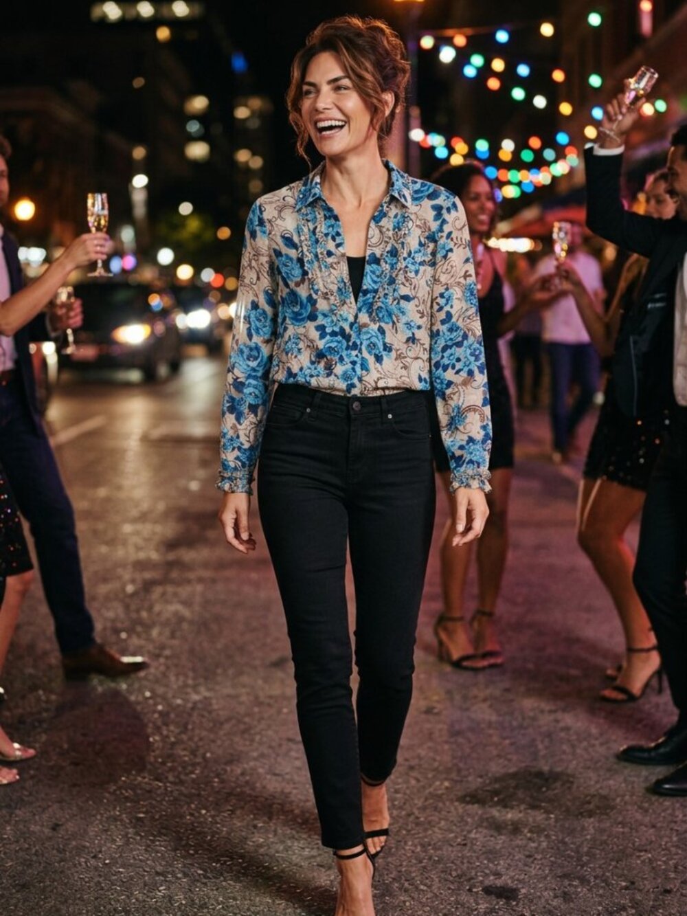 INC Blue & Tan Floral Long Sleeve Button Up Blouse - 2P